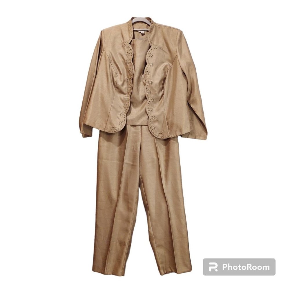 dressbarn womans 14W Shimmering Gold 3 Piece Blouse Jacket Pants Set Worn Once